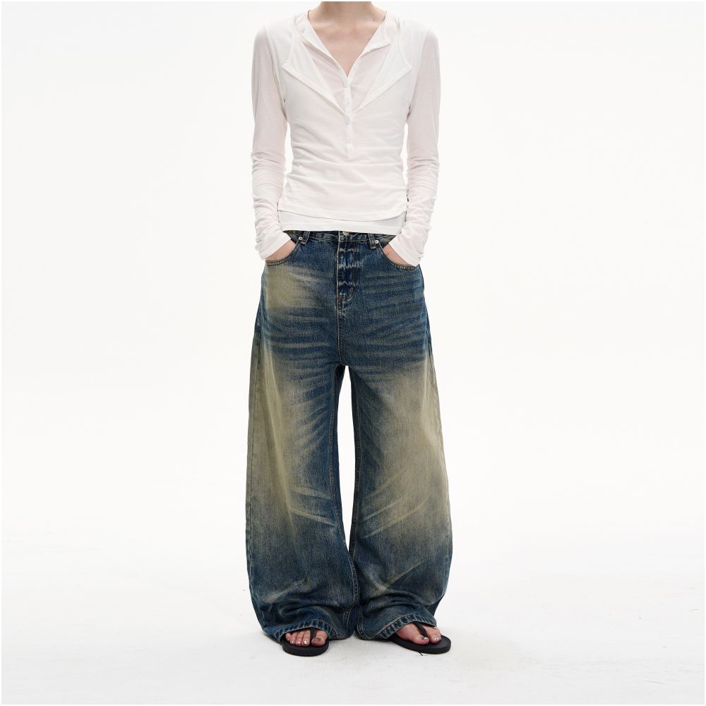 MADWITCH Retro Heavy Washed Yellow Mud Dyed Curved Jeans Unisex Loose Wide Leg Stylish Distressed Long Pants image 1