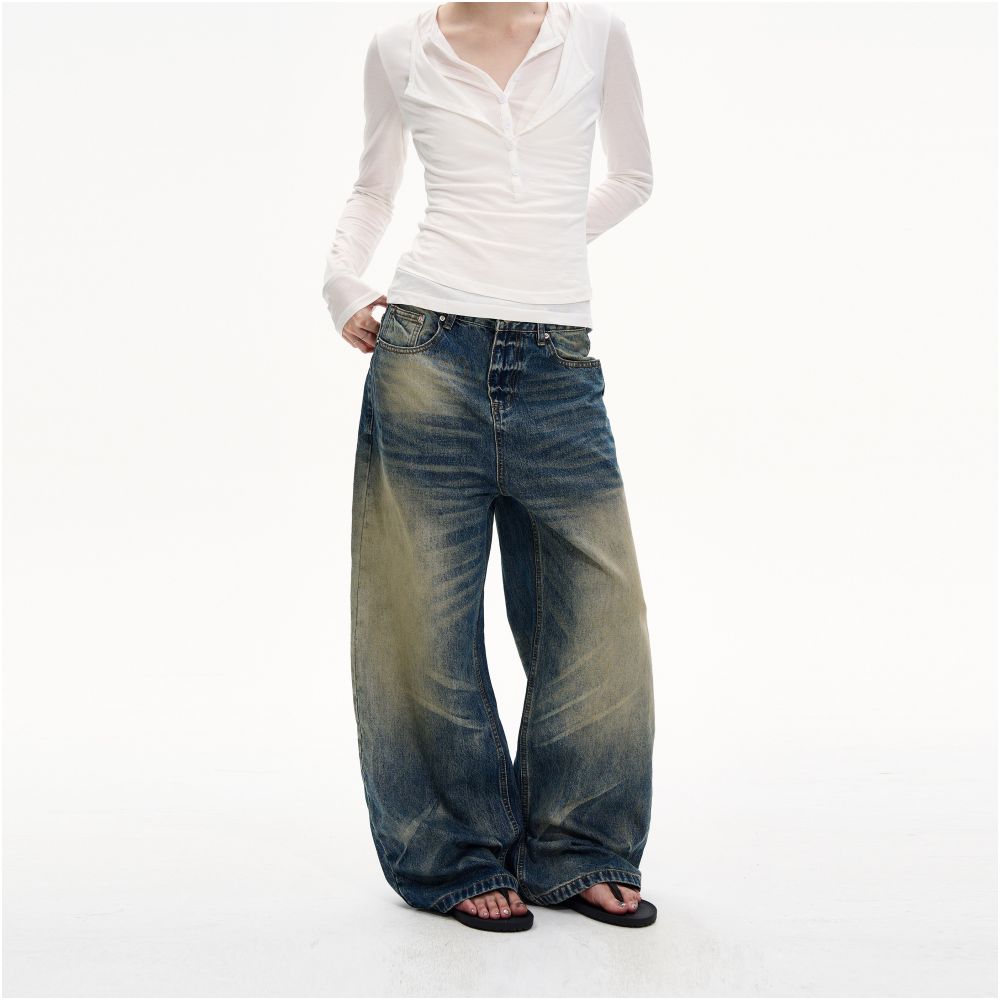 MADWITCH Retro Heavy Washed Yellow Mud Dyed Curved Jeans Unisex Loose Wide Leg Stylish Distressed Long Pants image 2