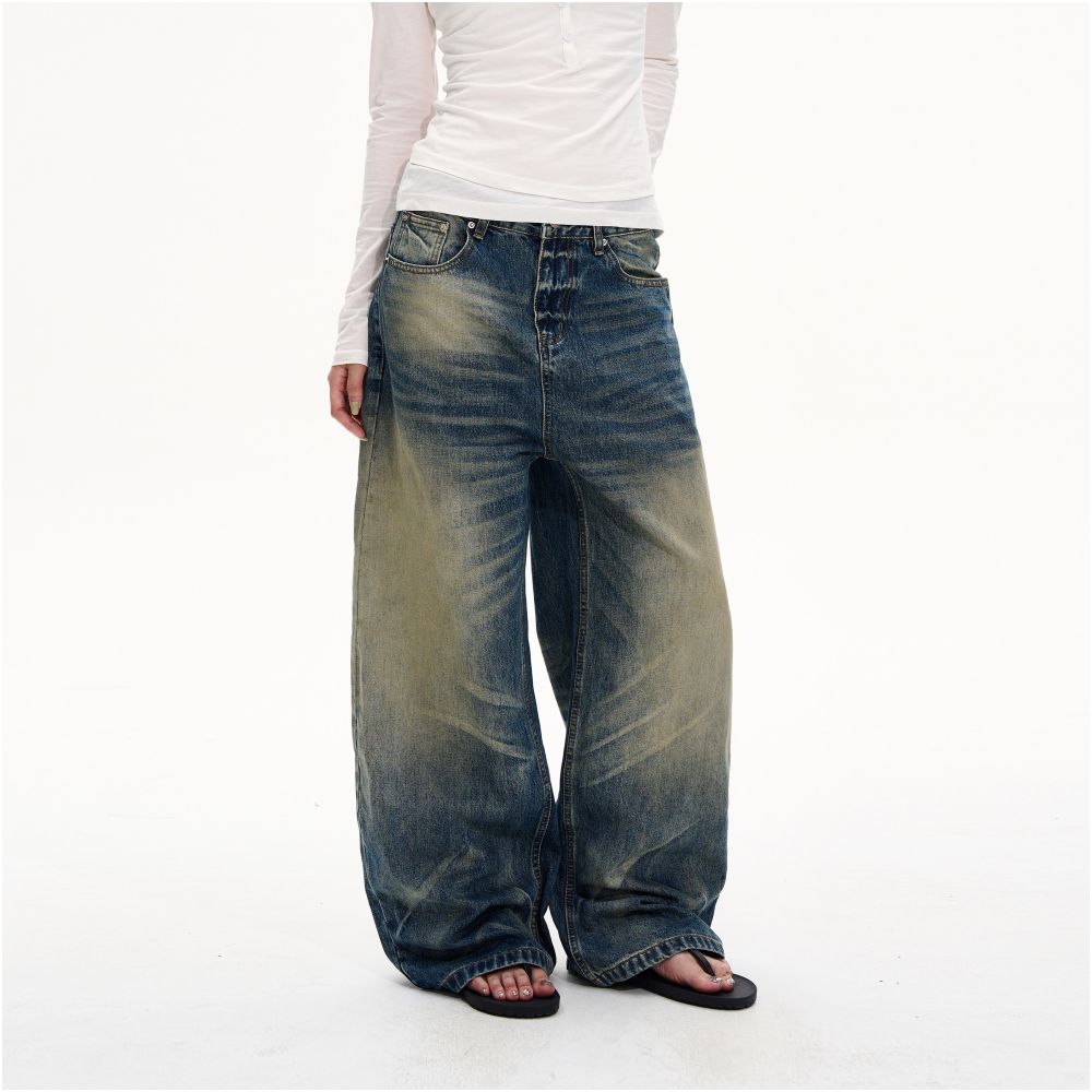 MADWITCH Retro Heavy Washed Yellow Mud Dyed Curved Jeans Unisex Loose Wide Leg Stylish Distressed Long Pants image 3