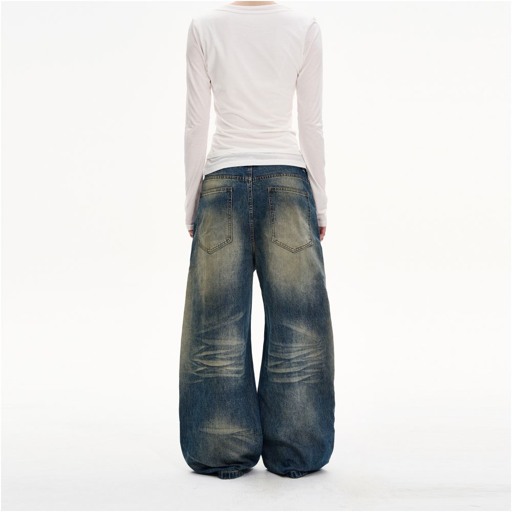 MADWITCH Retro Heavy Washed Yellow Mud Dyed Curved Jeans Unisex Loose Wide Leg Stylish Distressed Long Pants image 4