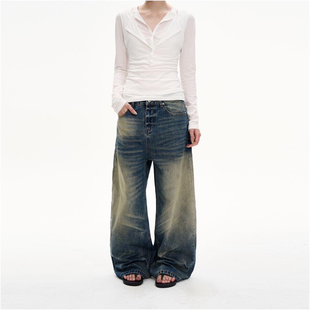 MADWITCH Retro Heavy Washed Yellow Mud Dyed Curved Jeans Unisex Loose Wide Leg Stylish Distressed Long Pants image 5