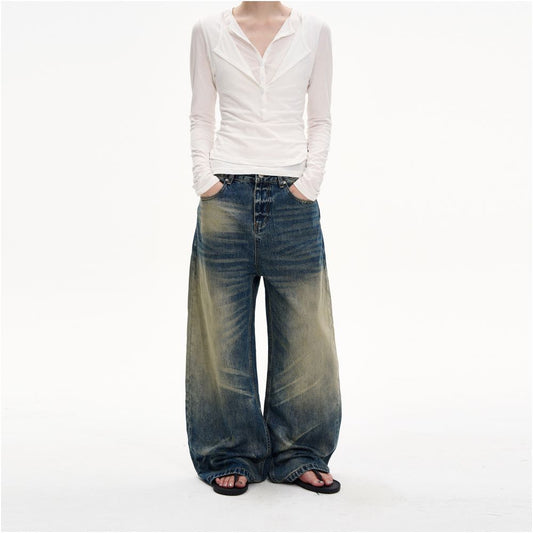 MADWITCH Retro Heavy Washed Yellow Mud Dyed Curved Jeans Unisex Loose Wide Leg Stylish Distressed Long Pants image 0