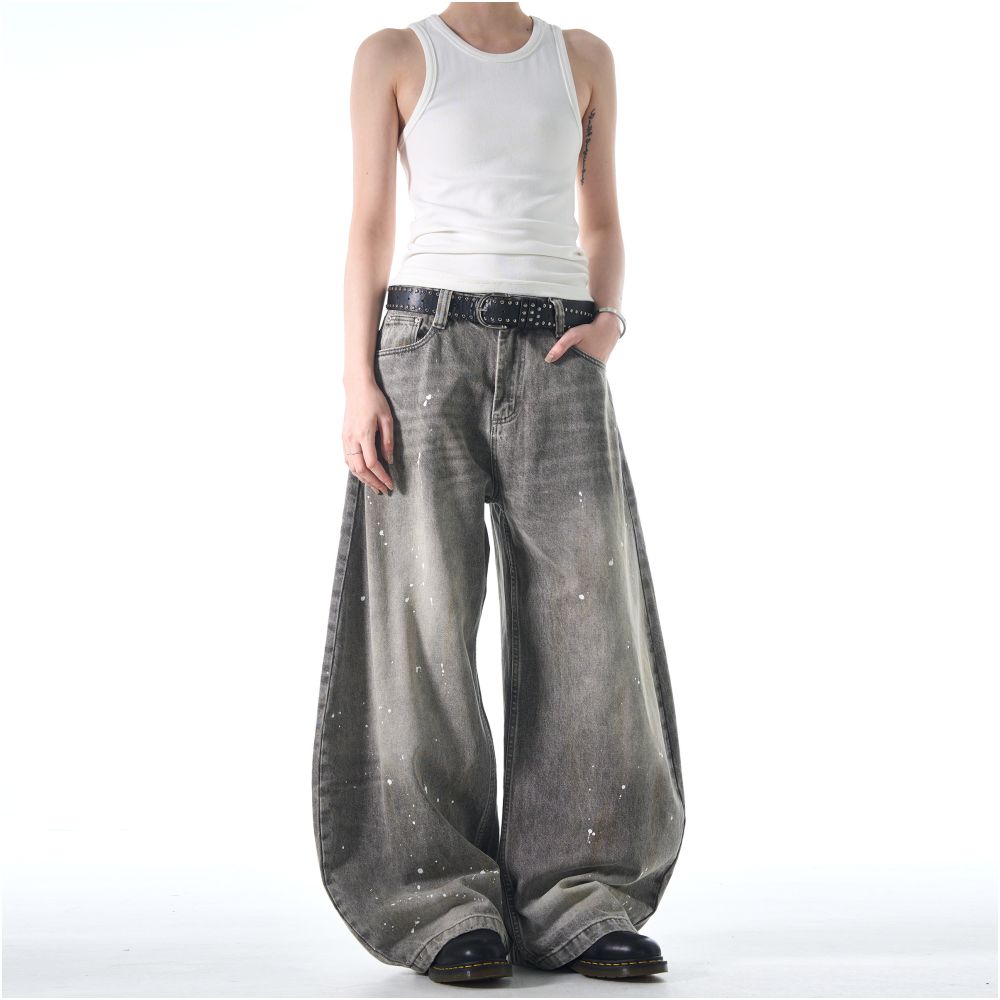 MADWATCH American Street Inkwashed Jeans Retro Rascal Handsome Vintage Wide Leg Crooked Pants Ins image 1