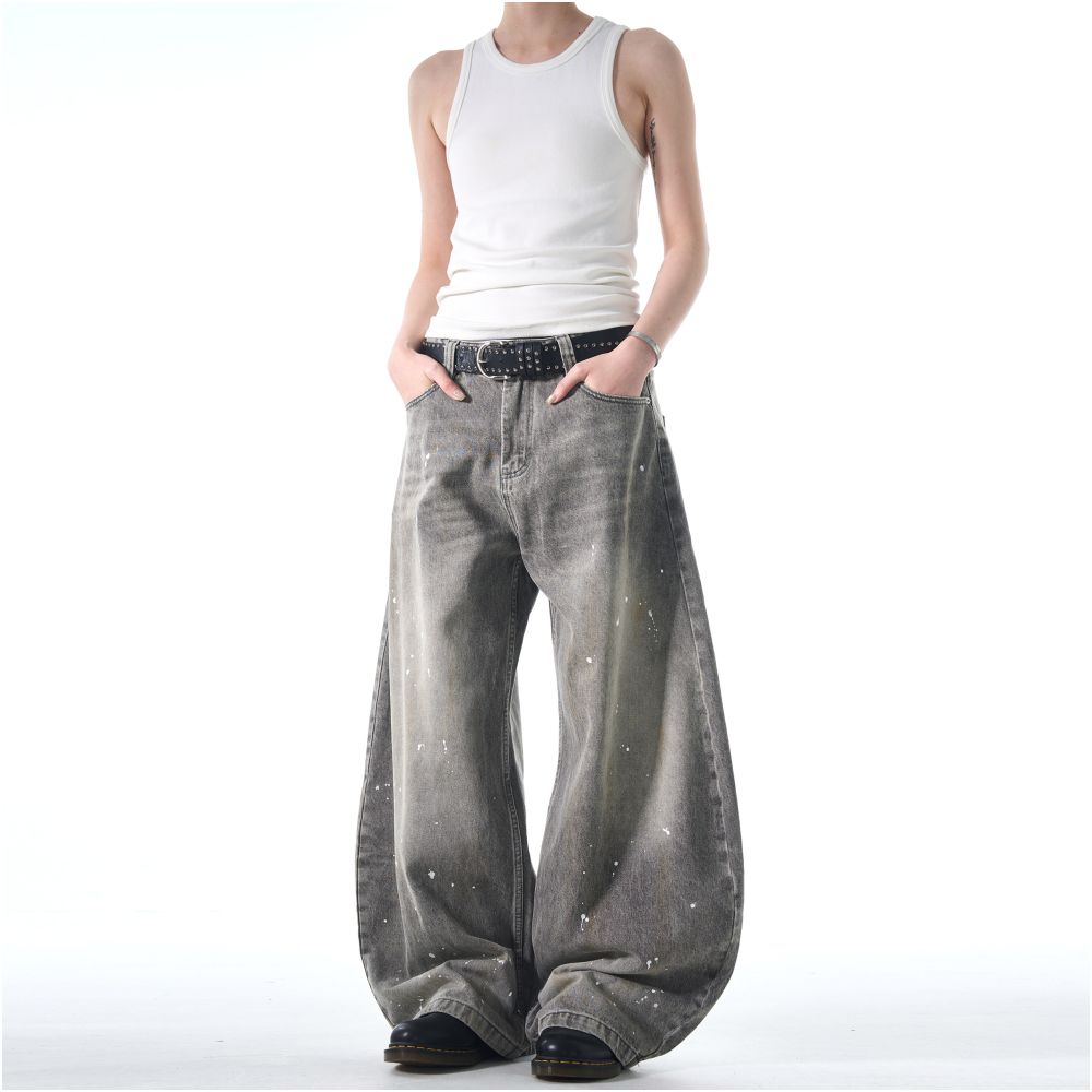 MADWATCH American Street Inkwashed Jeans Retro Rascal Handsome Vintage Wide Leg Crooked Pants Ins image 2