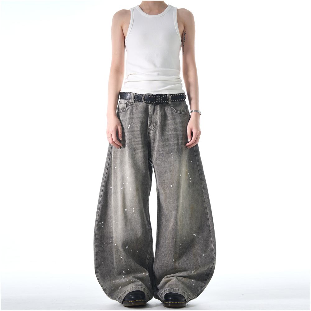 MADWATCH American Street Inkwashed Jeans Retro Rascal Handsome Vintage Wide Leg Crooked Pants Ins image 5