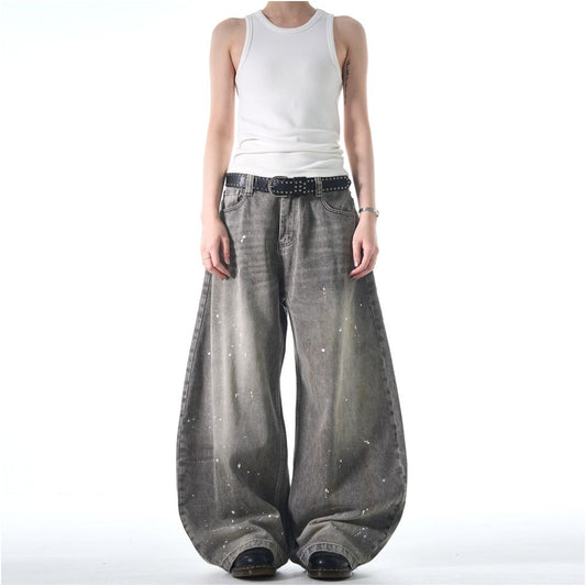 MADWATCH American Street Inkwashed Jeans Retro Rascal Handsome Vintage Wide Leg Crooked Pants Ins image 5