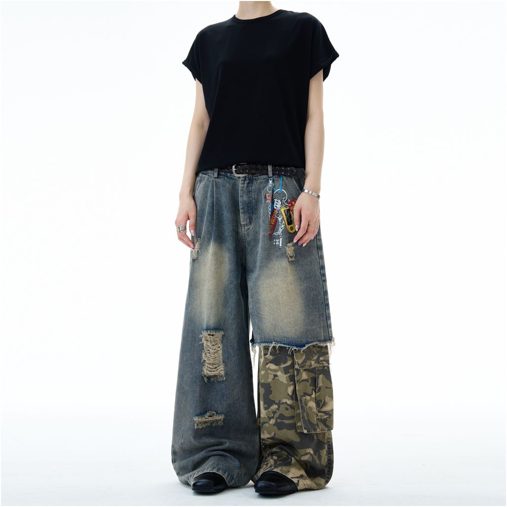 MADWITCH camouflage workwear spliced jeans for men and women with a niche design sense distressed print washed and ripped pants image 2