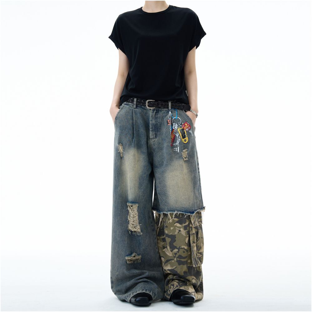 MADWITCH camouflage workwear spliced jeans for men and women with a niche design sense distressed print washed and ripped pants image 3