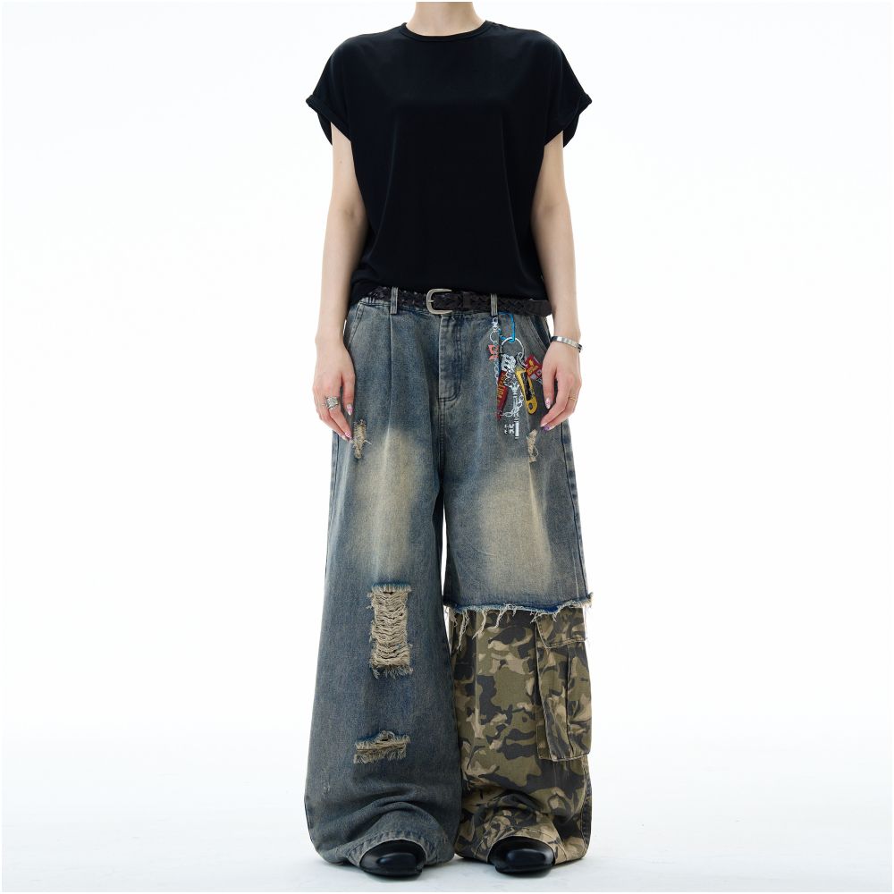 MADWITCH camouflage workwear spliced jeans for men and women with a niche design sense distressed print washed and ripped pants image 4