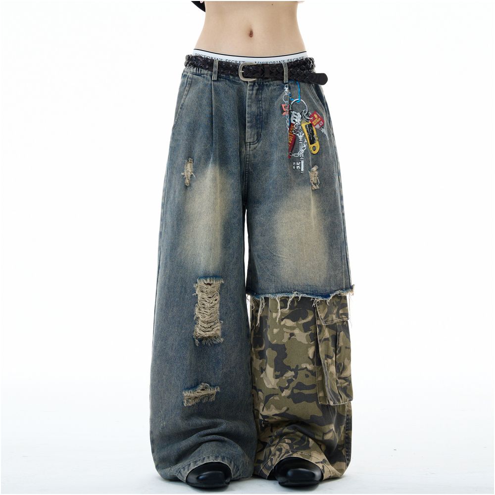 MADWITCH camouflage workwear spliced jeans for men and women with a niche design sense distressed print washed and ripped pants image 5