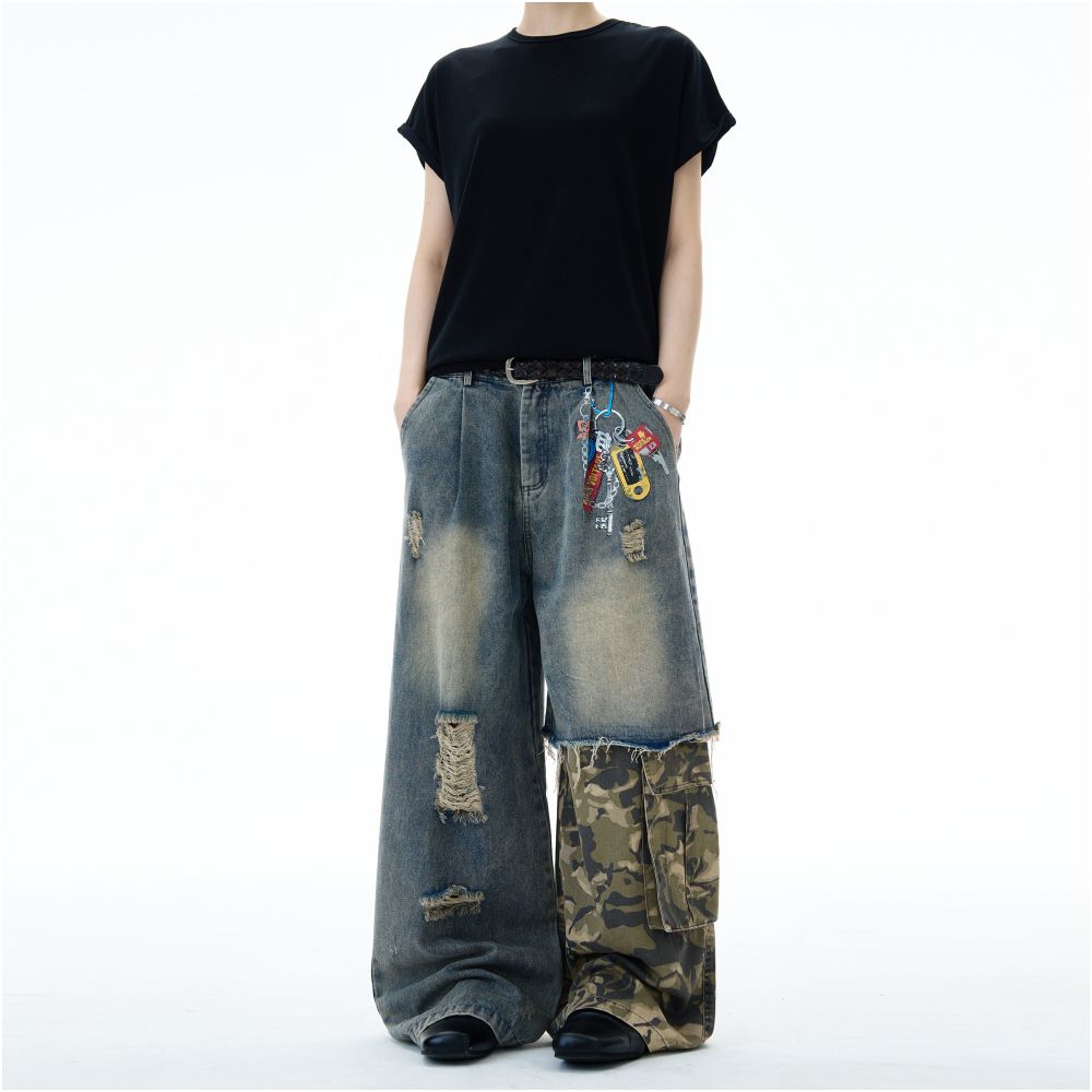 MADWITCH camouflage workwear spliced jeans for men and women with a niche design sense distressed print washed and ripped pants image 0