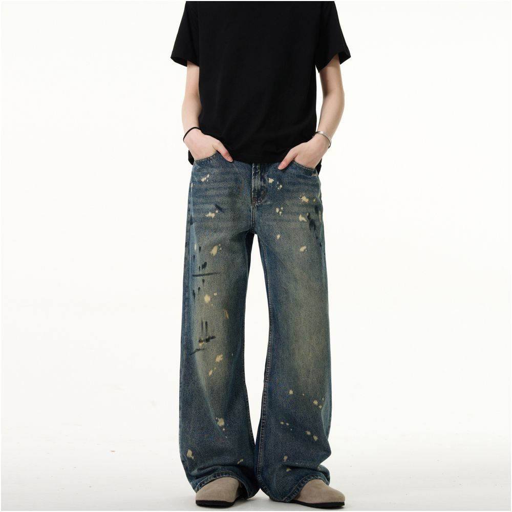 MADWITCH new retro splashed ink straight leg jeans men s American dirtyfit washed and worn casual pants image 1