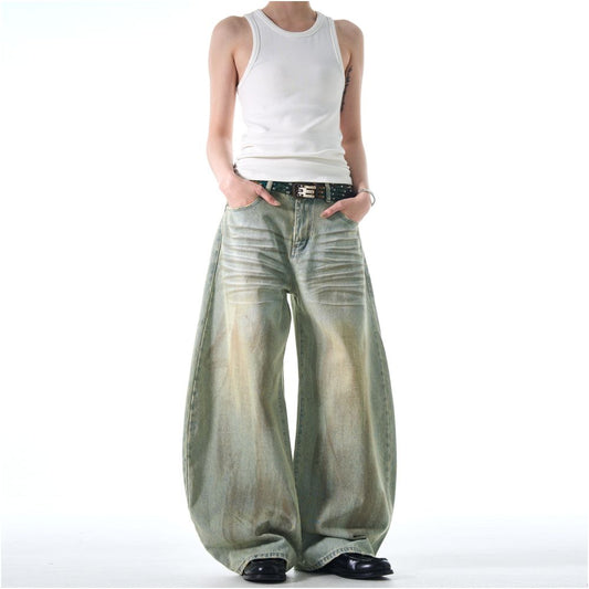 MADWITCH retro dirt style sickle jeans for men and women loose and casual rugged and handsome vintage dirty and wide leg pants image 0