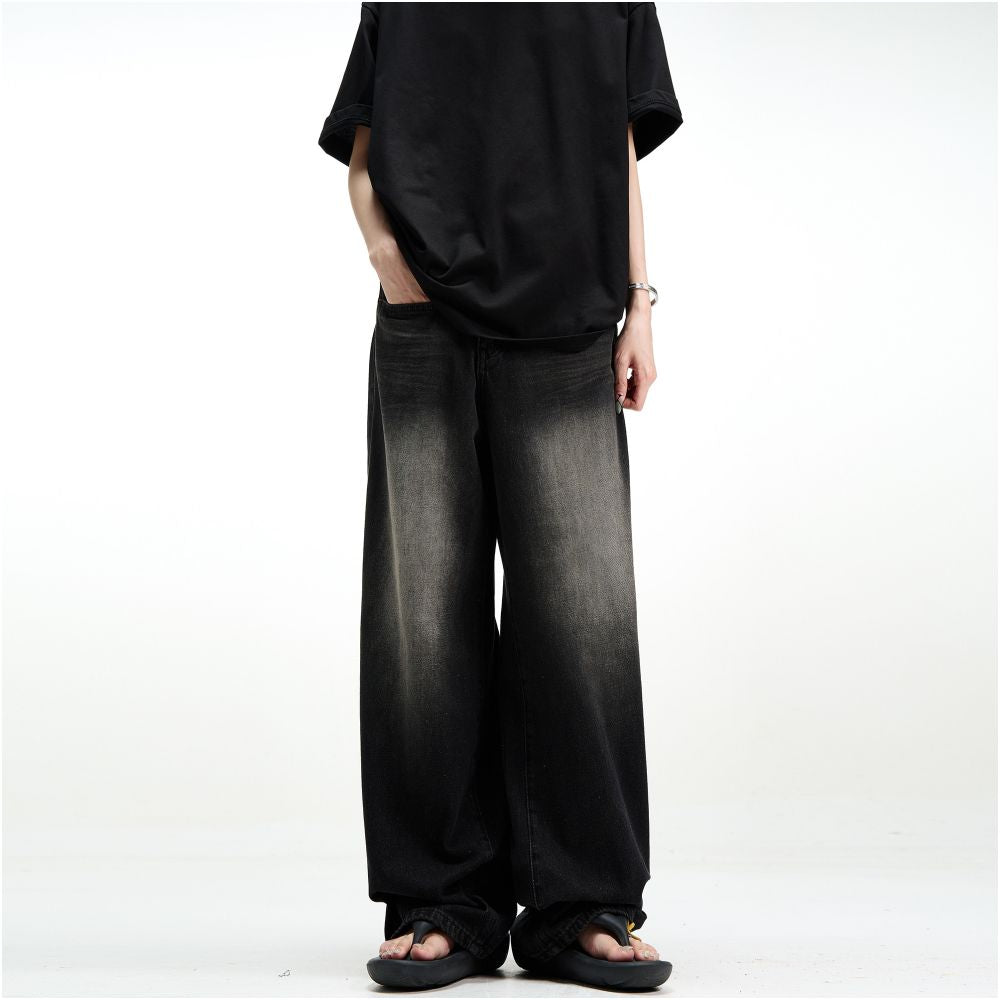 MADWITCH retro washed loose jeans with a hanging feel men s and women s black straight leg wide leg pants oversized pants image 2