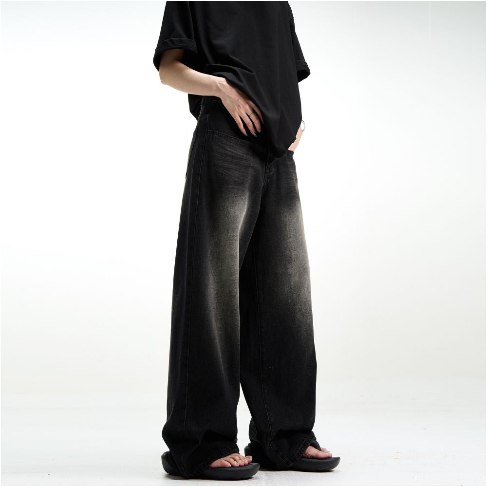 MADWITCH retro washed loose jeans with a hanging feel men s and women s black straight leg wide leg pants oversized pants image 3