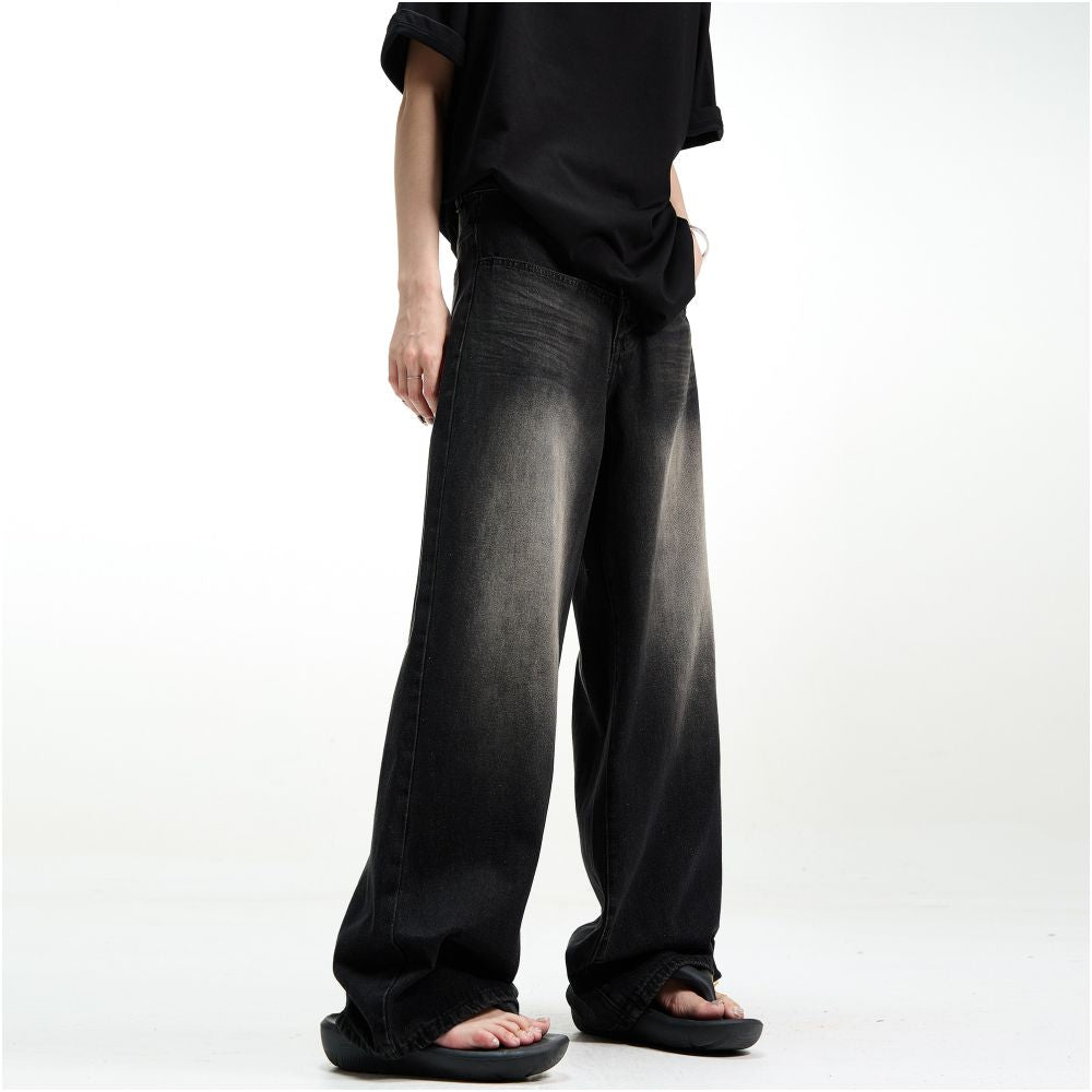 MADWITCH retro washed loose jeans with a hanging feel men s and women s black straight leg wide leg pants oversized pants image 4