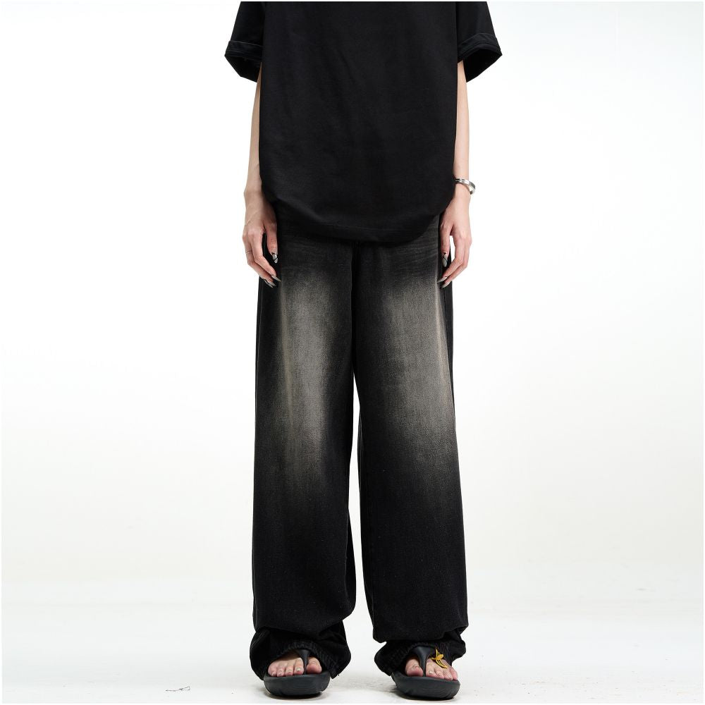 MADWITCH retro washed loose jeans with a hanging feel men s and women s black straight leg wide leg pants oversized pants image 5