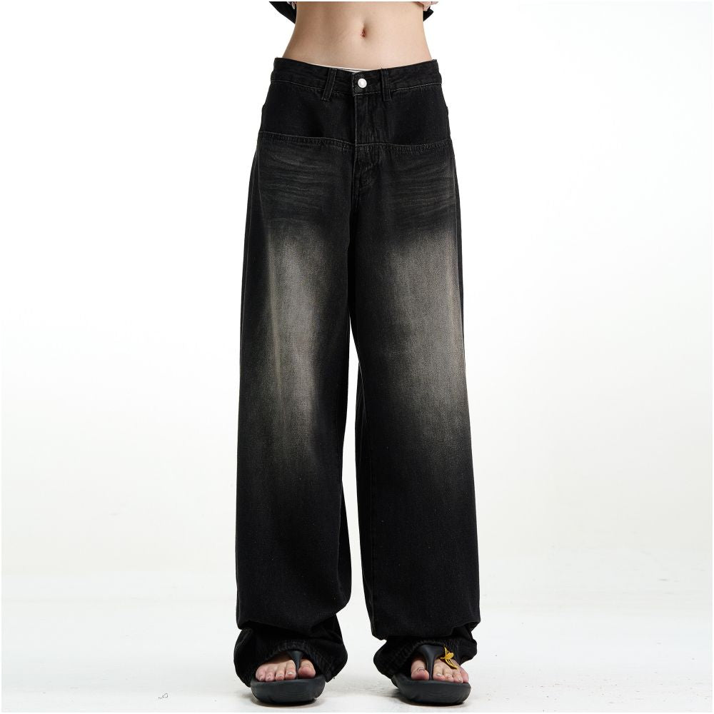MADWITCH retro washed loose jeans with a hanging feel men s and women s black straight leg wide leg pants oversized pants image 0