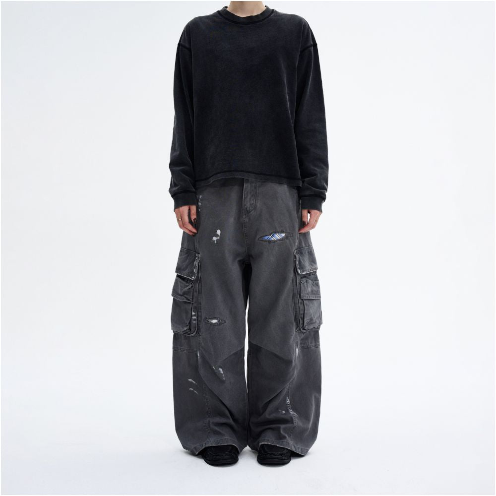 MADWITCH American washed ink distressed repair program work pants for men and women loose straight leg high street ruff and handsome casual pants image 2