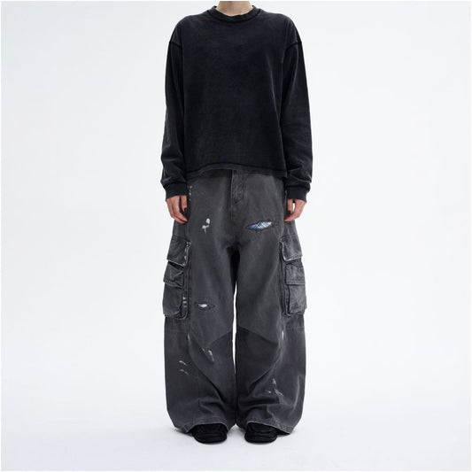 MADWITCH American washed ink distressed repair program work pants for men and women loose straight leg high street ruff and handsome casual pants image 2