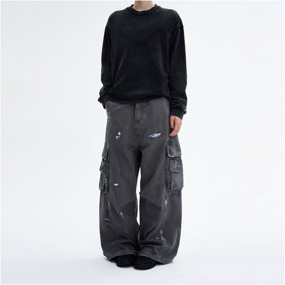 MADWITCH American washed ink distressed repair program work pants for men and women loose straight leg high street ruff and handsome casual pants image 3