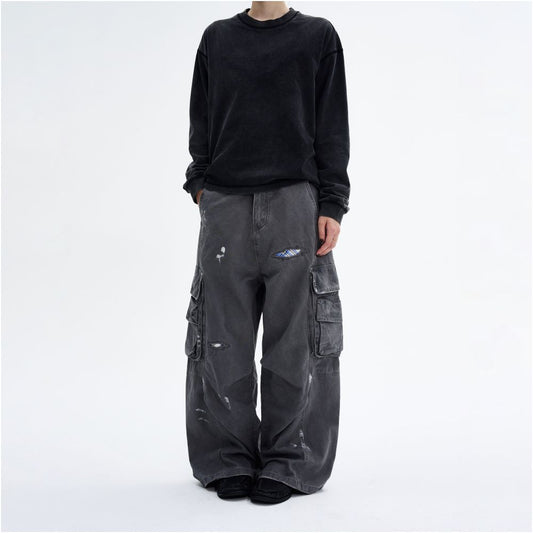 MADWITCH American washed ink distressed repair program work pants for men and women loose straight leg high street ruff and handsome casual pants image 3