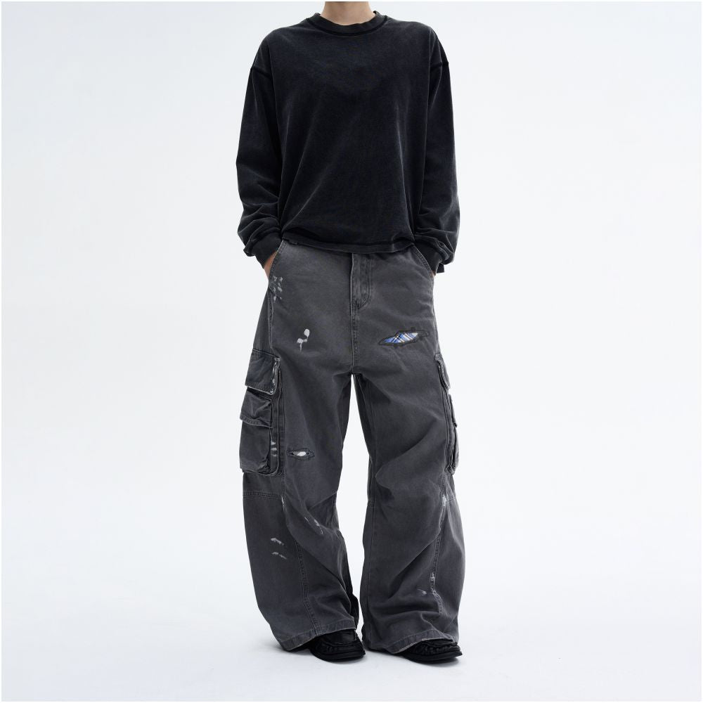 MADWITCH American washed ink distressed repair program work pants for men and women loose straight leg high street ruff and handsome casual pants image 4