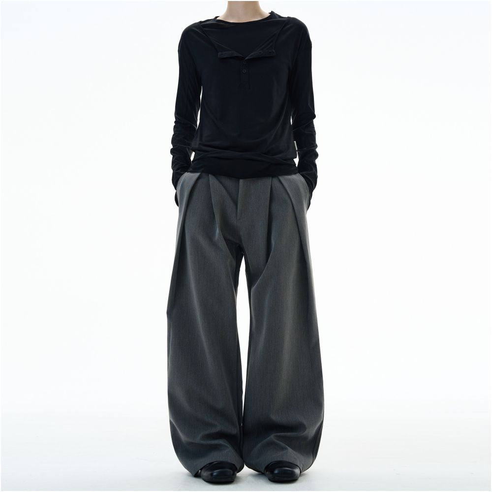 MADWITCH retro niche design double pleated casual trousers for men and women loose wide leg straight leg pants trendy image 1