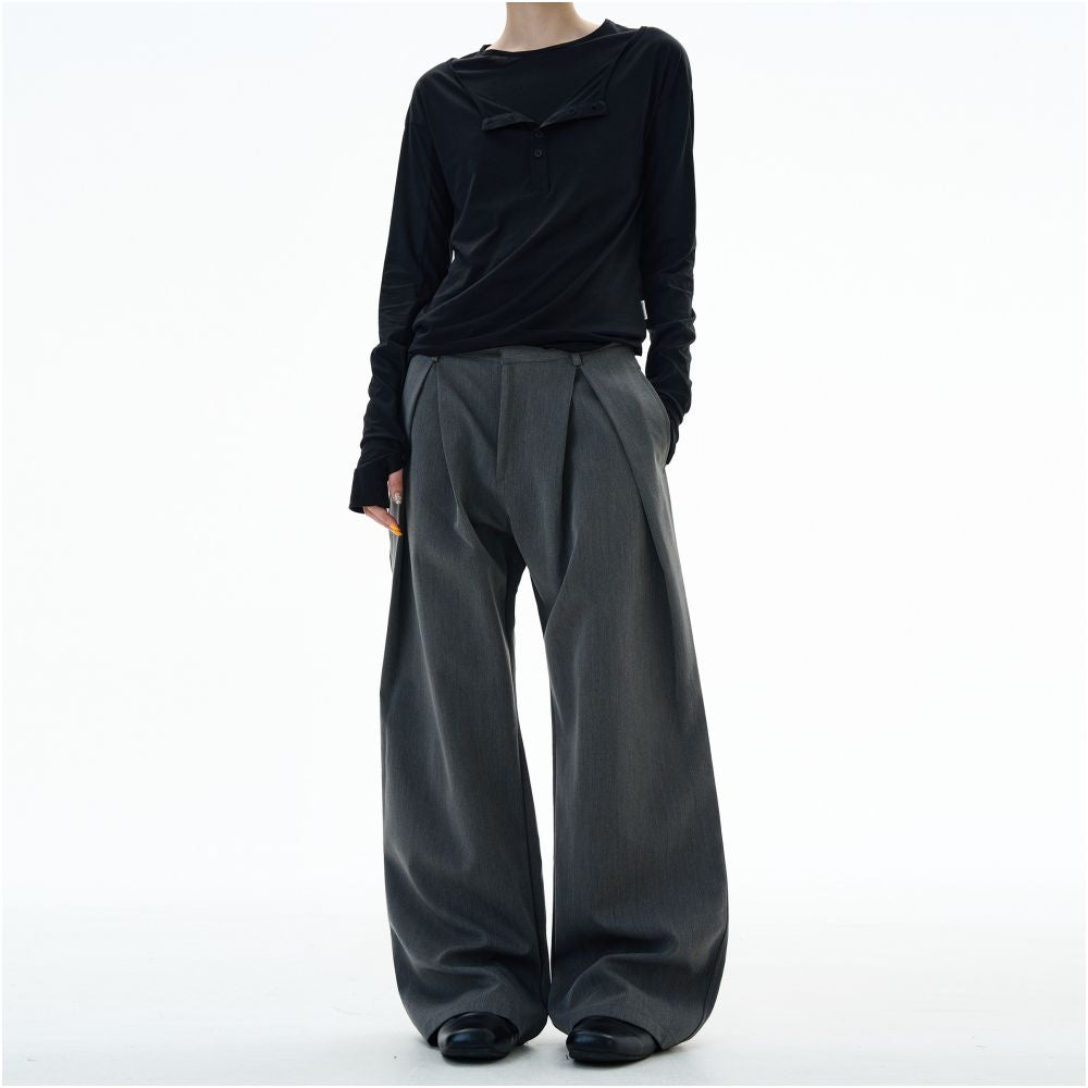 MADWITCH retro niche design double pleated casual trousers for men and women loose wide leg straight leg pants trendy image 2