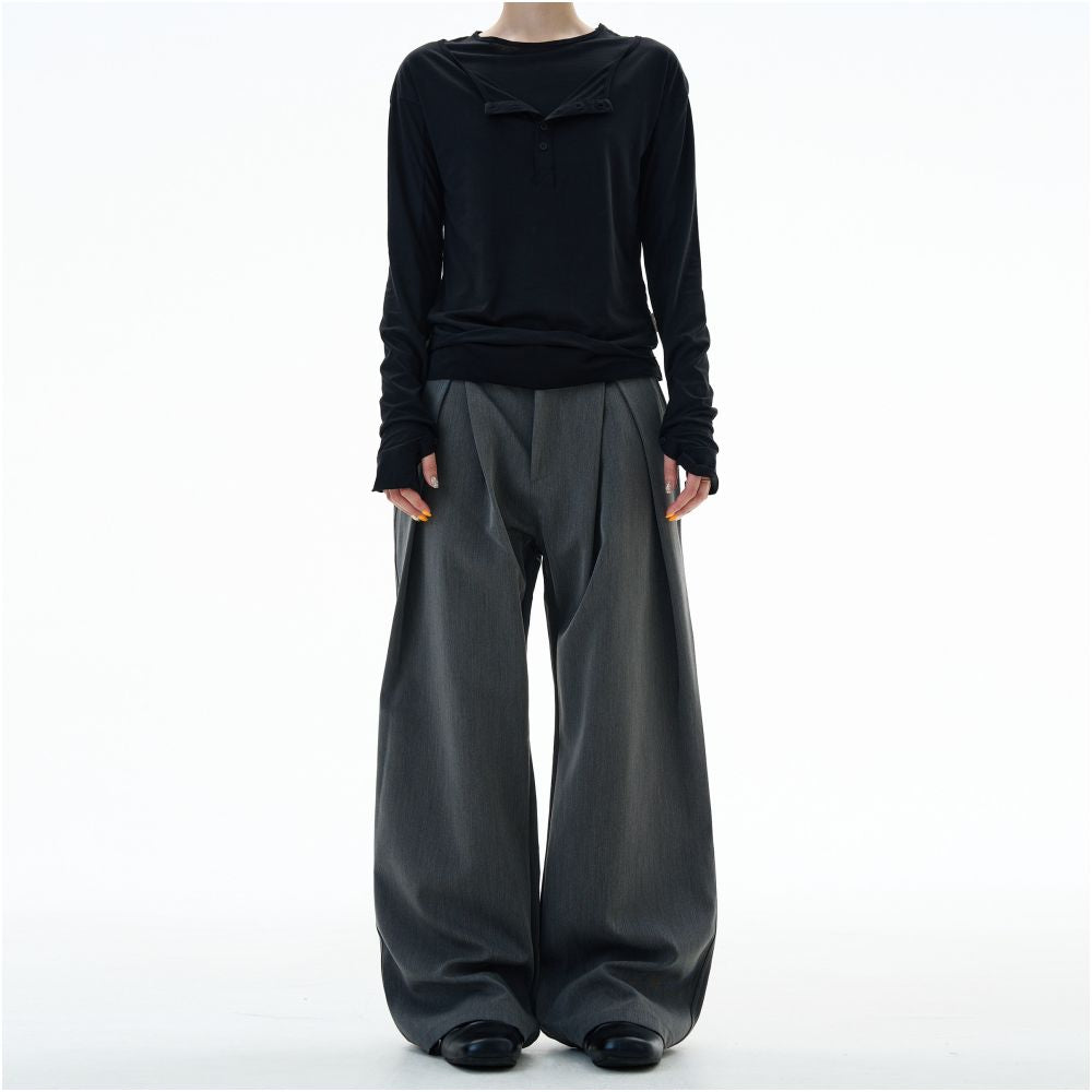 MADWITCH retro niche design double pleated casual trousers for men and women loose wide leg straight leg pants trendy image 3