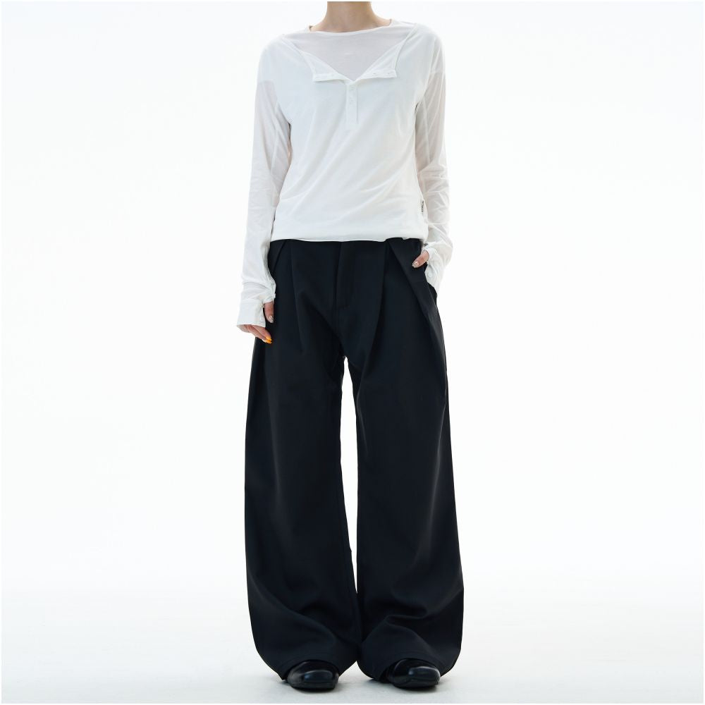 MADWITCH retro niche design double pleated casual trousers for men and women loose wide leg straight leg pants trendy image 4