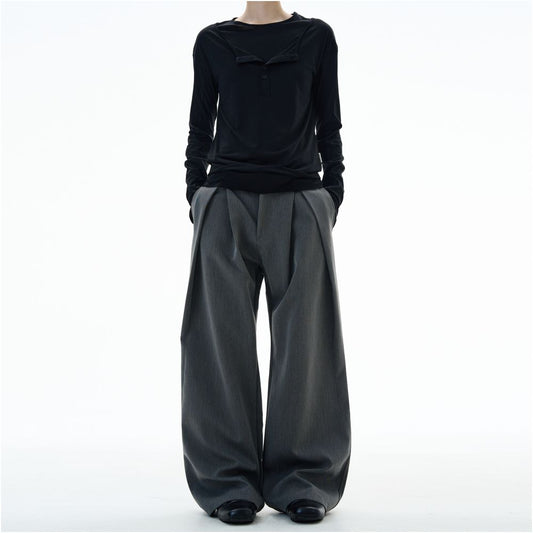 MADWITCH retro niche design double pleated casual trousers for men and women loose wide leg straight leg pants trendy image 0