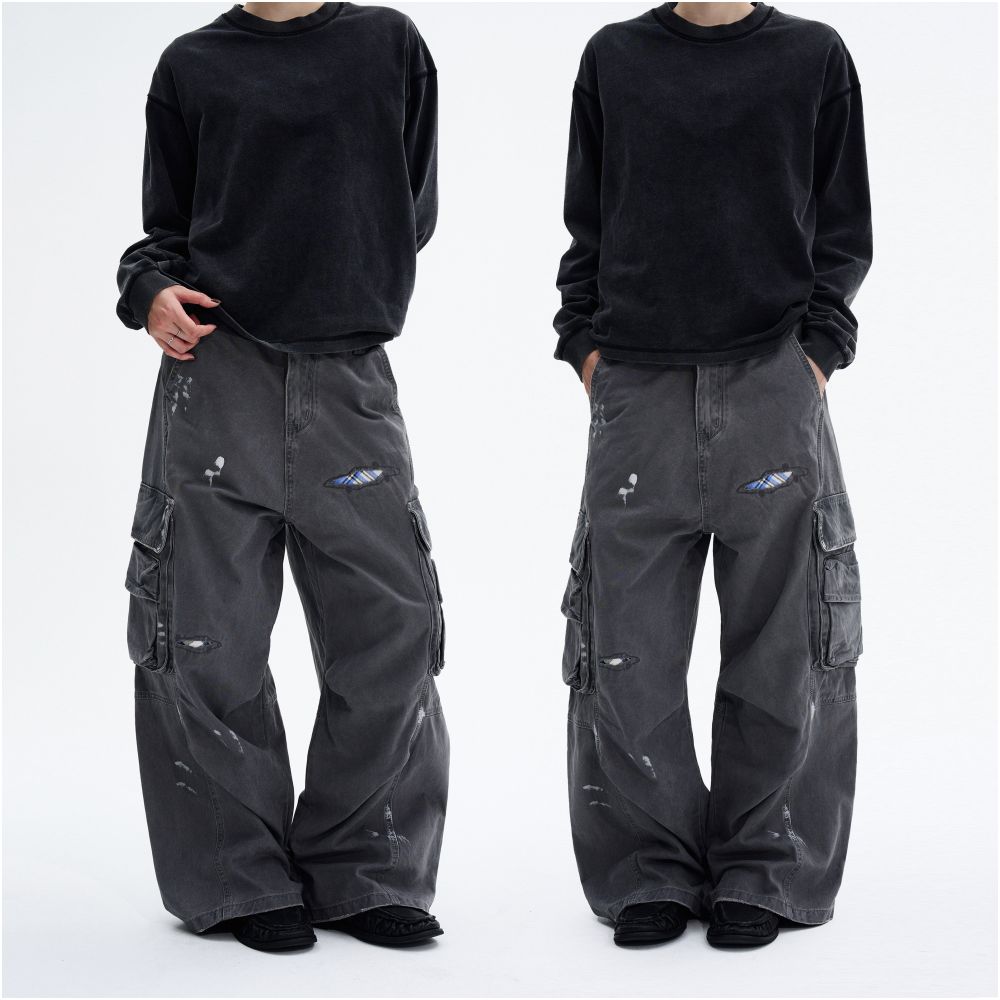 MADWITCH American washed ink distressed repair program work pants for men and women loose straight leg high street ruff and handsome casual pants image 0