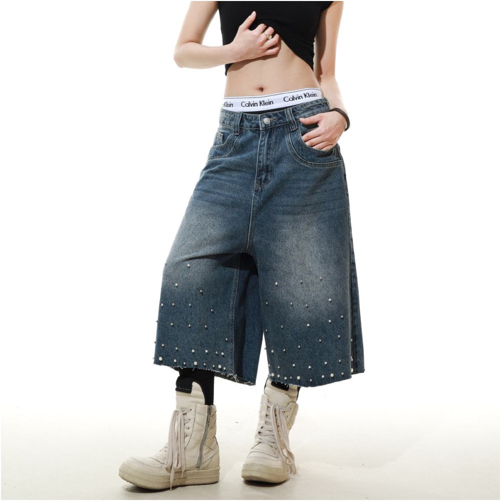 MRNEARLY American high street nail bead design denim cropped pants for men s summer loose wide leg couple casual pants image 2