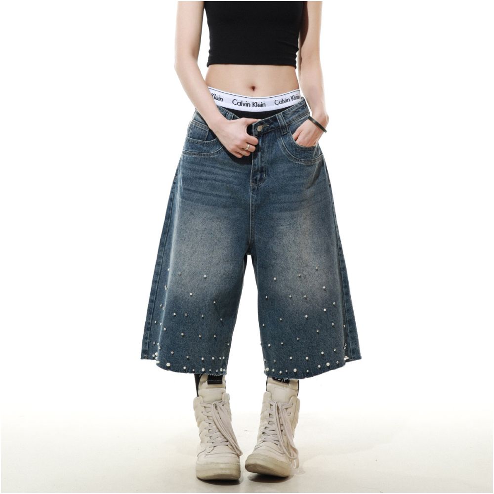 MRNEARLY American high street nail bead design denim cropped pants for men s summer loose wide leg couple casual pants image 3