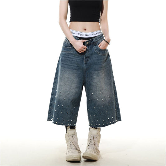 MRNEARLY American high street nail bead design denim cropped pants for men s summer loose wide leg couple casual pants image 3