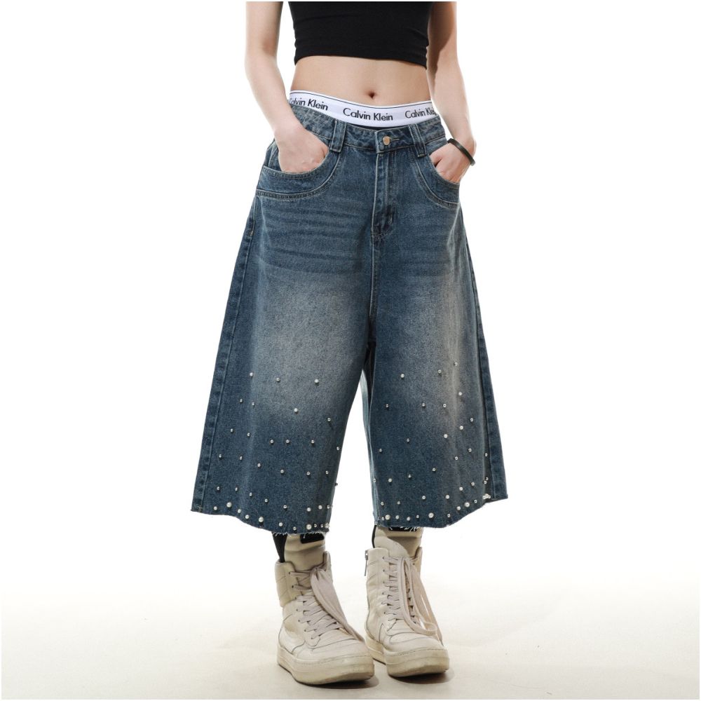 MRNEARLY American high street nail bead design denim cropped pants for men s summer loose wide leg couple casual pants image 4