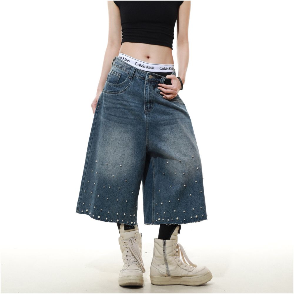 MRNEARLY American high street nail bead design denim cropped pants for men s summer loose wide leg couple casual pants image 5
