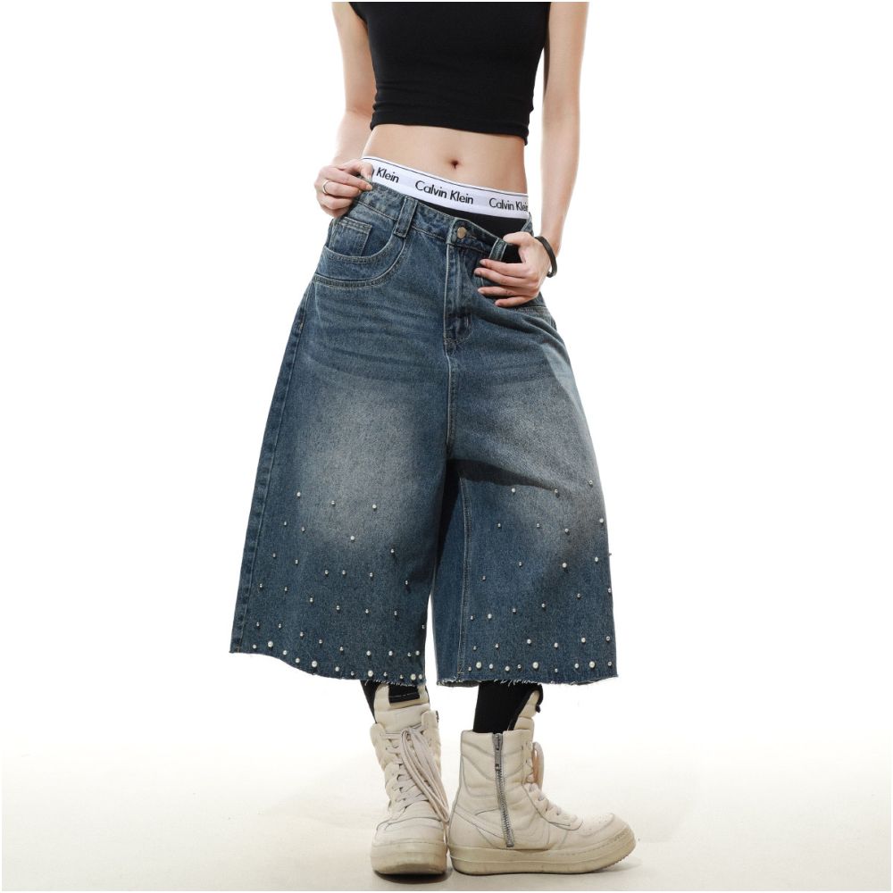 MRNEARLY American high street nail bead design denim cropped pants for men s summer loose wide leg couple casual pants image 0