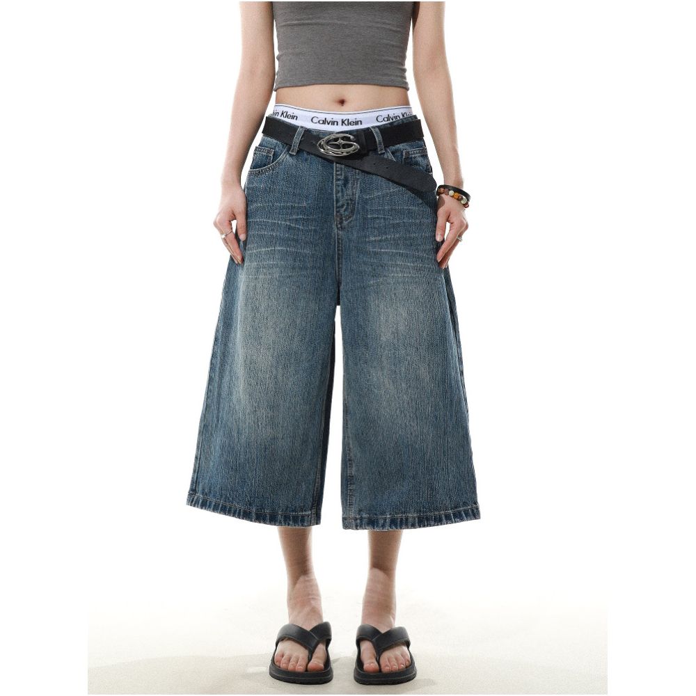 MRNEARLY American Street Style Washed Bamboo Texture Denim Capri Pants New Style for Men and Women Loose Wide Leg Pants Trendy image 0