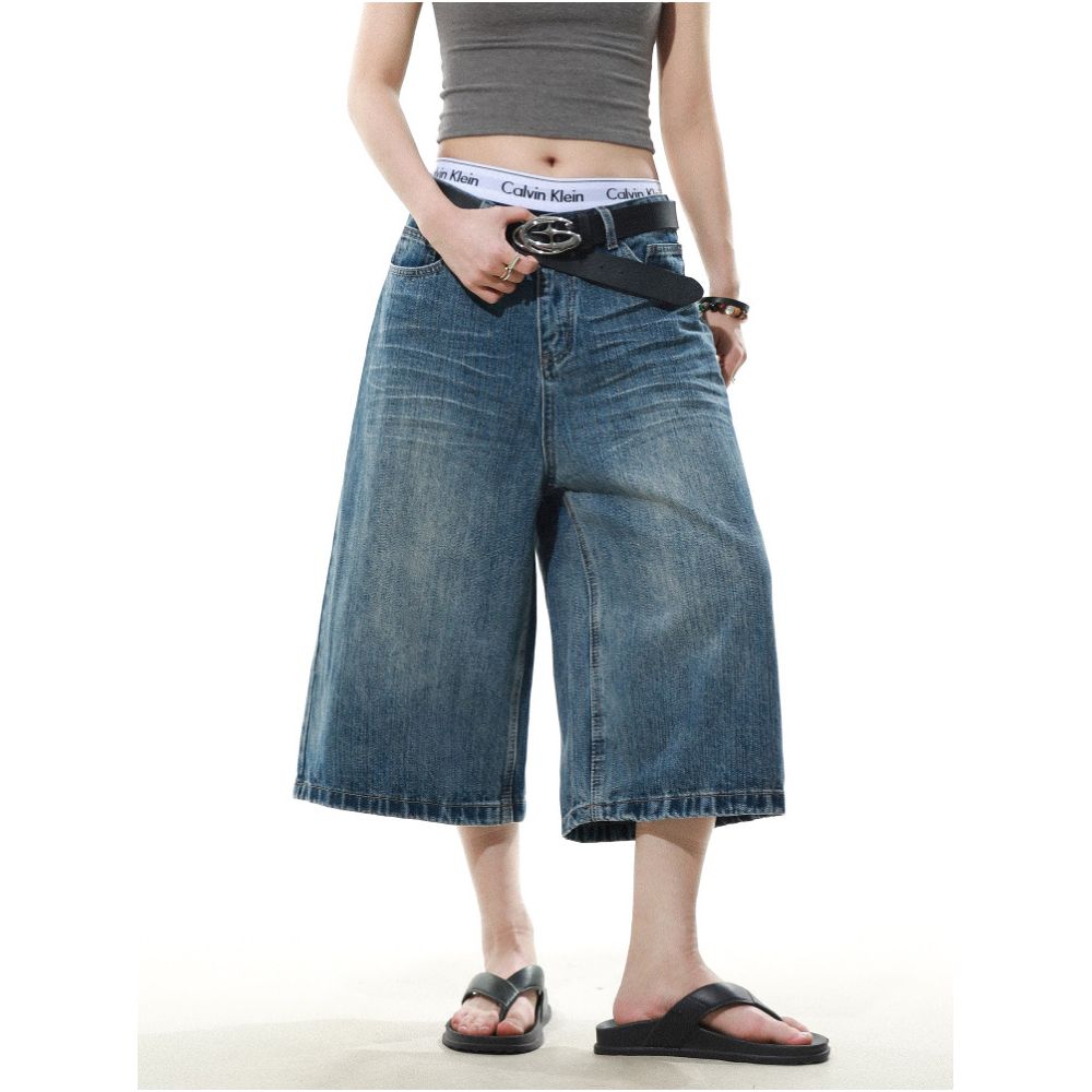 MRNEARLY American Street Style Washed Bamboo Texture Denim Capri Pants New Style for Men and Women Loose Wide Leg Pants Trendy image 1