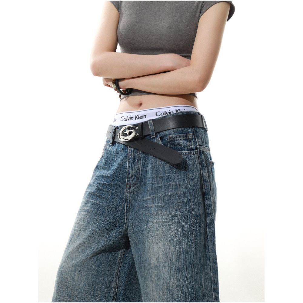 MRNEARLY American Street Style Washed Bamboo Texture Denim Capri Pants New Style for Men and Women Loose Wide Leg Pants Trendy image 2