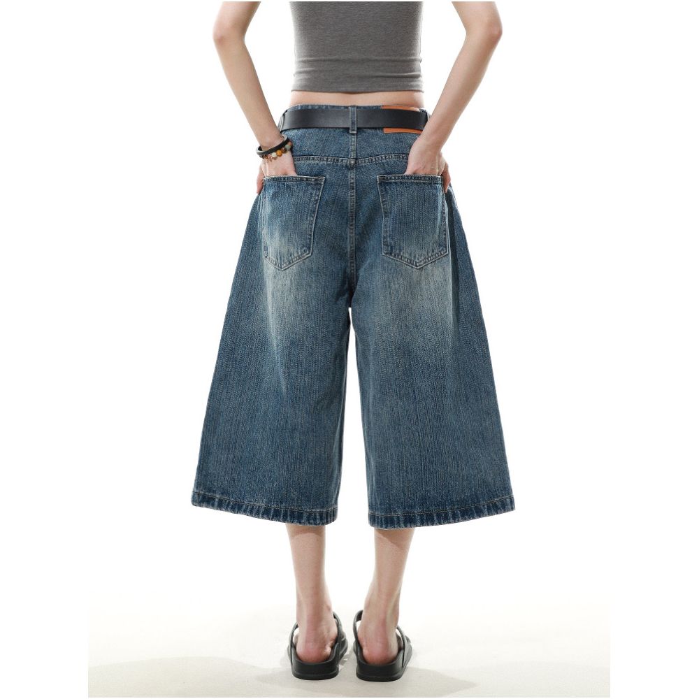 MRNEARLY American Street Style Washed Bamboo Texture Denim Capri Pants New Style for Men and Women Loose Wide Leg Pants Trendy image 3