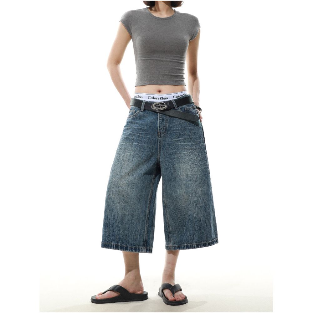 MRNEARLY American Street Style Washed Bamboo Texture Denim Capri Pants New Style for Men and Women Loose Wide Leg Pants Trendy image 4