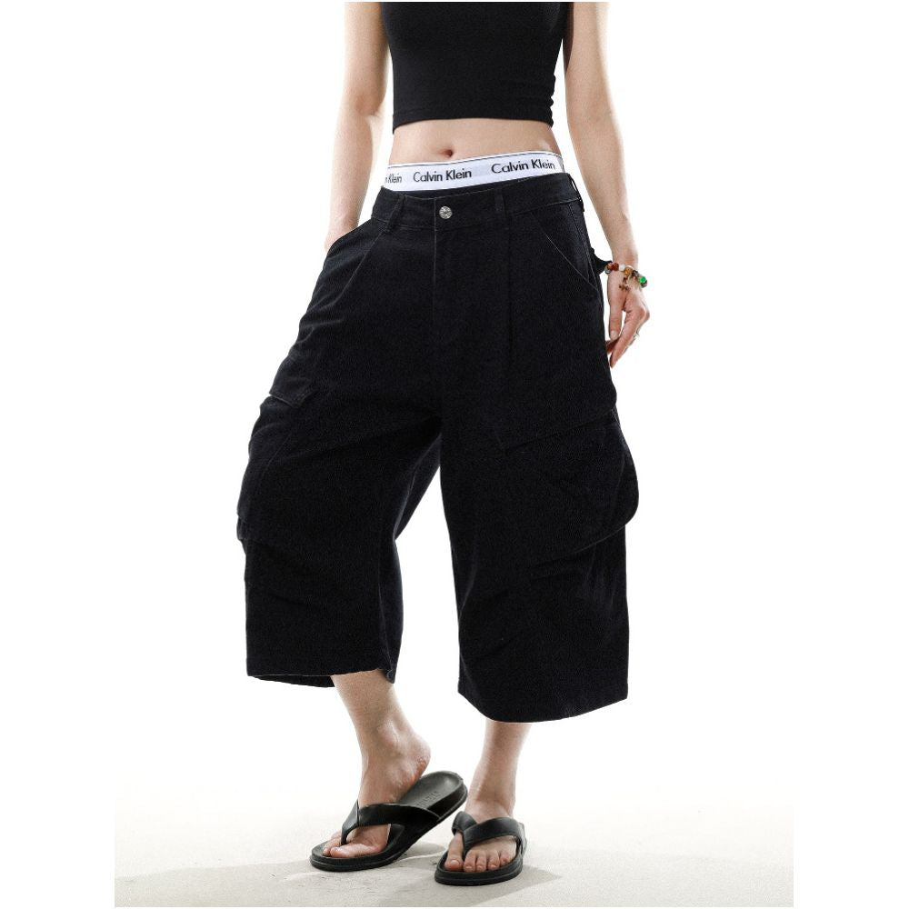 MRNEARLY American Retro Style Large Pocket Pleated Design Cargo Shorts Men s Loose Wide Leg Capri Shorts Trendy image 4