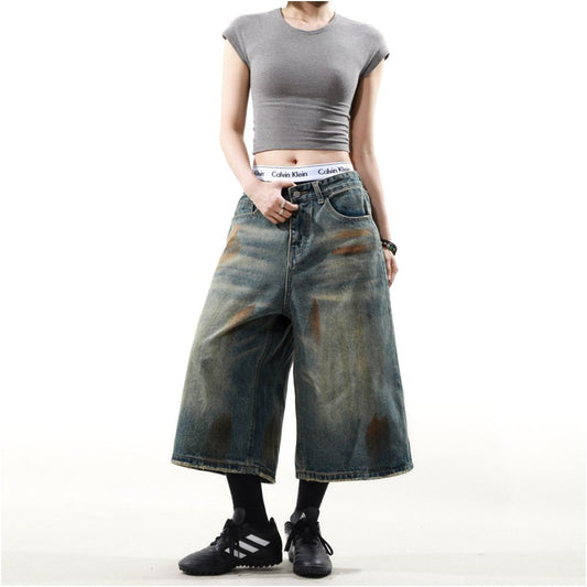 MR EARLY Retro Denim Shorts American Wasteland Style Seven Quarter Jeans Vintage Style Wide Leg Shorts Nostalgic Blue Denim Shorts Summer Casual Loose Jeans image 3