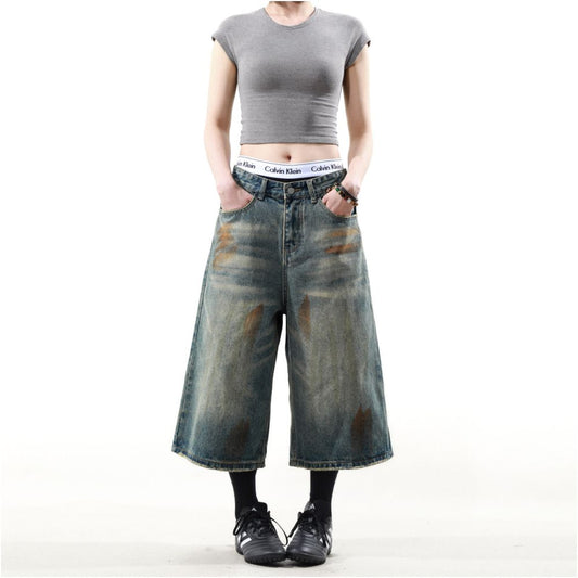 MR EARLY Retro Denim Shorts American Wasteland Style Seven Quarter Jeans Vintage Style Wide Leg Shorts Nostalgic Blue Denim Shorts Summer Casual Loose Jeans image 5