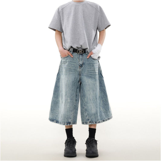 MRNEARLY American retro washed worn out denim shorts for men s street style loose design wide leg cropped pants trendy image 1