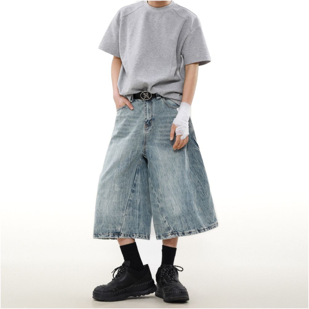 MRNEARLY American retro washed worn out denim shorts for men s street style loose design wide leg cropped pants trendy image 2