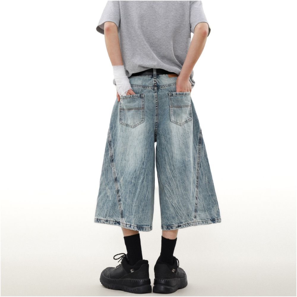 MRNEARLY American retro washed worn out denim shorts for men s street style loose design wide leg cropped pants trendy image 3